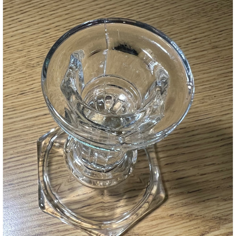 Vintage Clear Pressed Glass Candlestick Holder Hexagon Base Taper Candle Stand - Picture 3 of 7